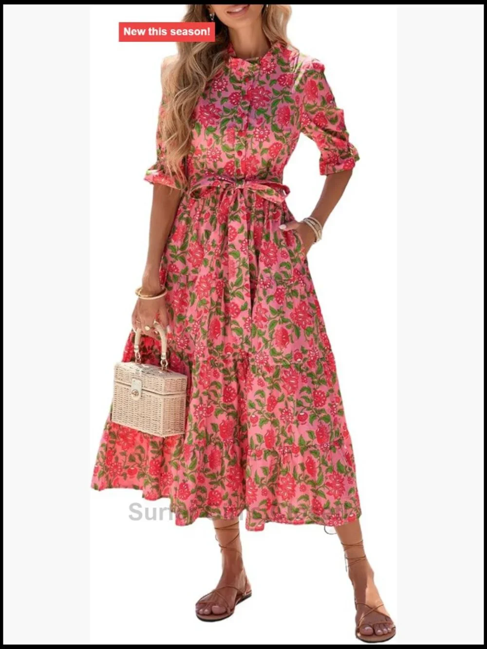 Floral Printed Stand Ruffle Collar Midi Dress Half Sleeve Button Down Flowy